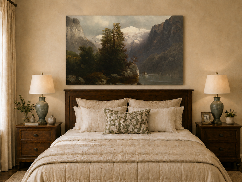 Landscape Oil Painting - Alpine Lake, Snow-Capped Peaks, Forest