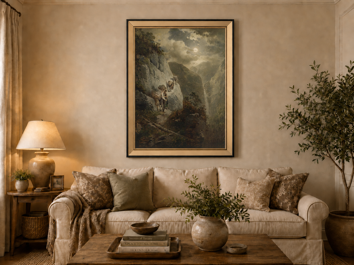 Landscape Oil Painting - Moonlit Mountain Cliff Path