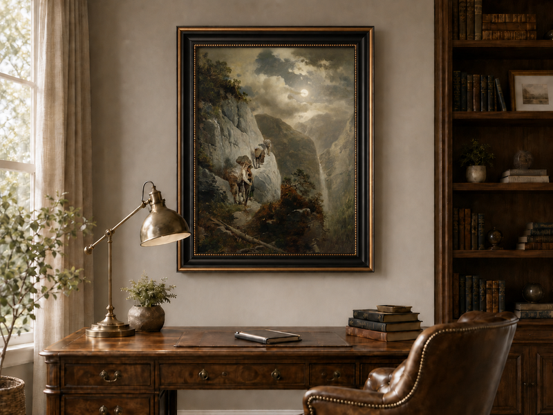Landscape Oil Painting - Moonlit Mountain Cliff Path