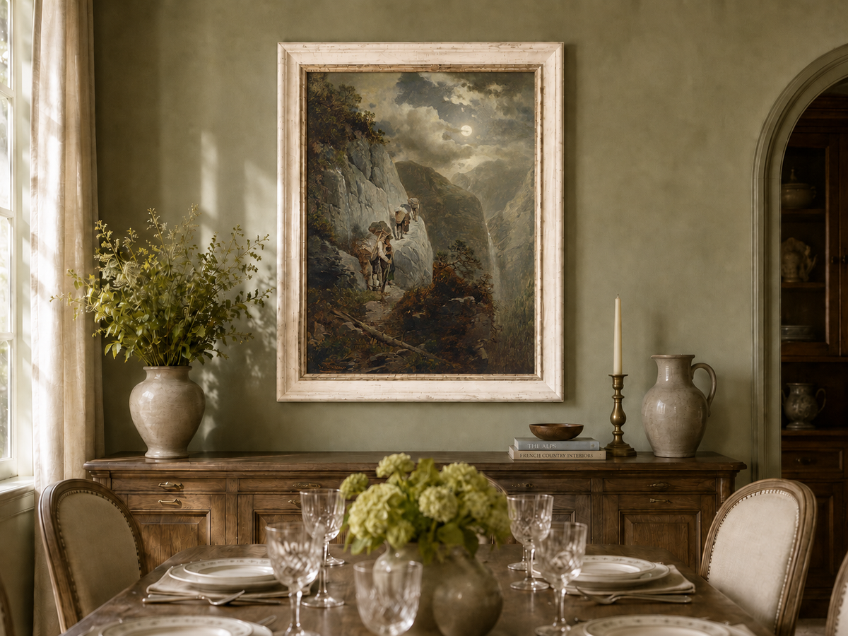 Landscape Oil Painting - Moonlit Mountain Cliff Path