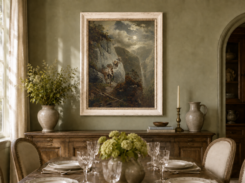 Landscape Oil Painting - Moonlit Mountain Cliff Path