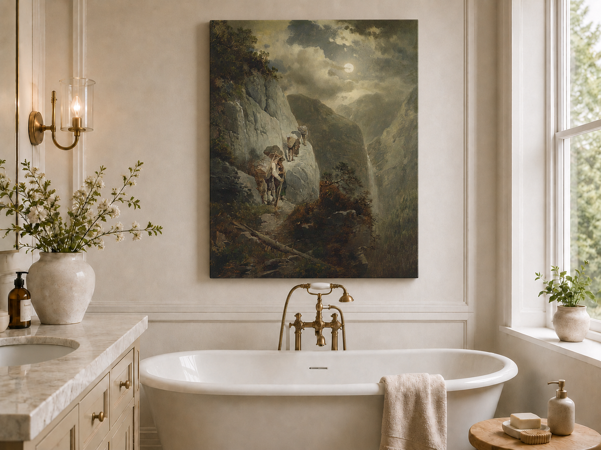 Landscape Oil Painting - Moonlit Mountain Cliff Path