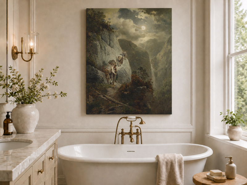 Landscape Oil Painting - Moonlit Mountain Cliff Path