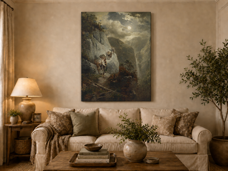 Landscape Oil Painting - Moonlit Mountain Cliff Path