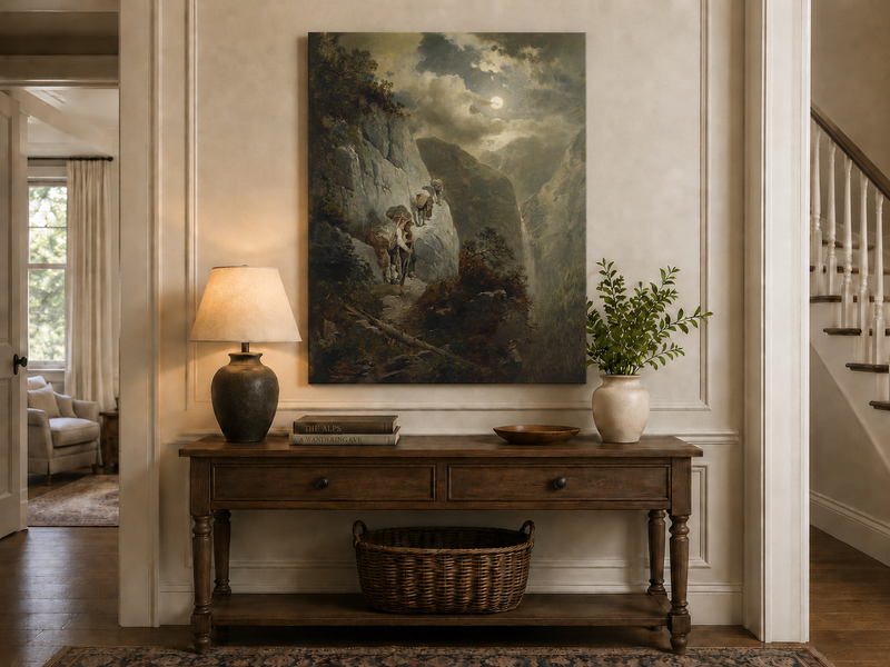 Landscape Oil Painting - Moonlit Mountain Cliff Path