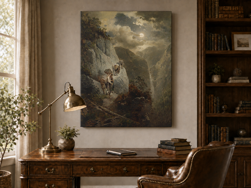 Landscape Oil Painting - Moonlit Mountain Cliff Path