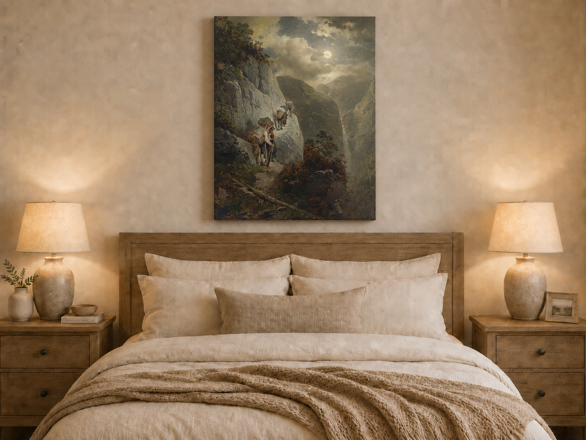 Landscape Oil Painting - Moonlit Mountain Cliff Path