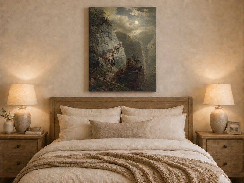 Landscape Oil Painting - Moonlit Mountain Cliff Path