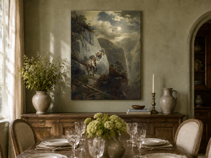 Landscape Oil Painting - Moonlit Mountain Cliff Path