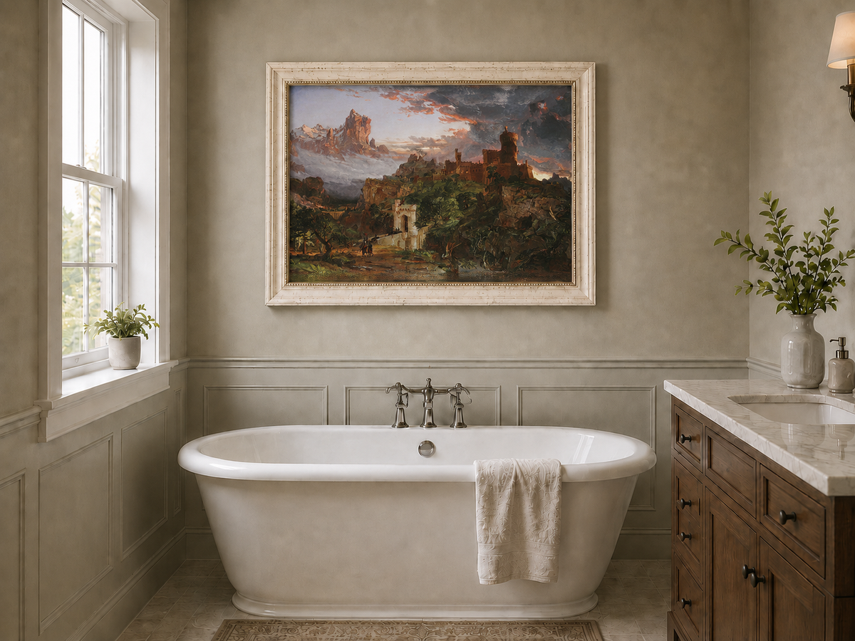 Peinture à l'huile de paysage - Village côtier avec phare et coucher de soleil