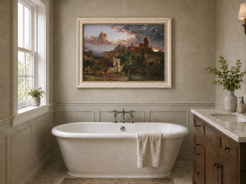 Peinture à l'huile de paysage - Village côtier avec phare et coucher de soleil