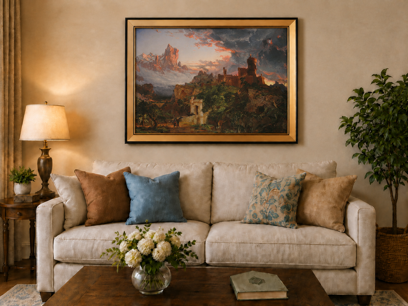 Peinture à l'huile de paysage - Village côtier avec phare et coucher de soleil