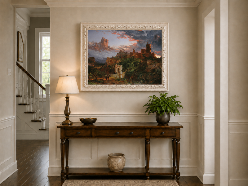 Peinture à l'huile de paysage - Village côtier avec phare et coucher de soleil