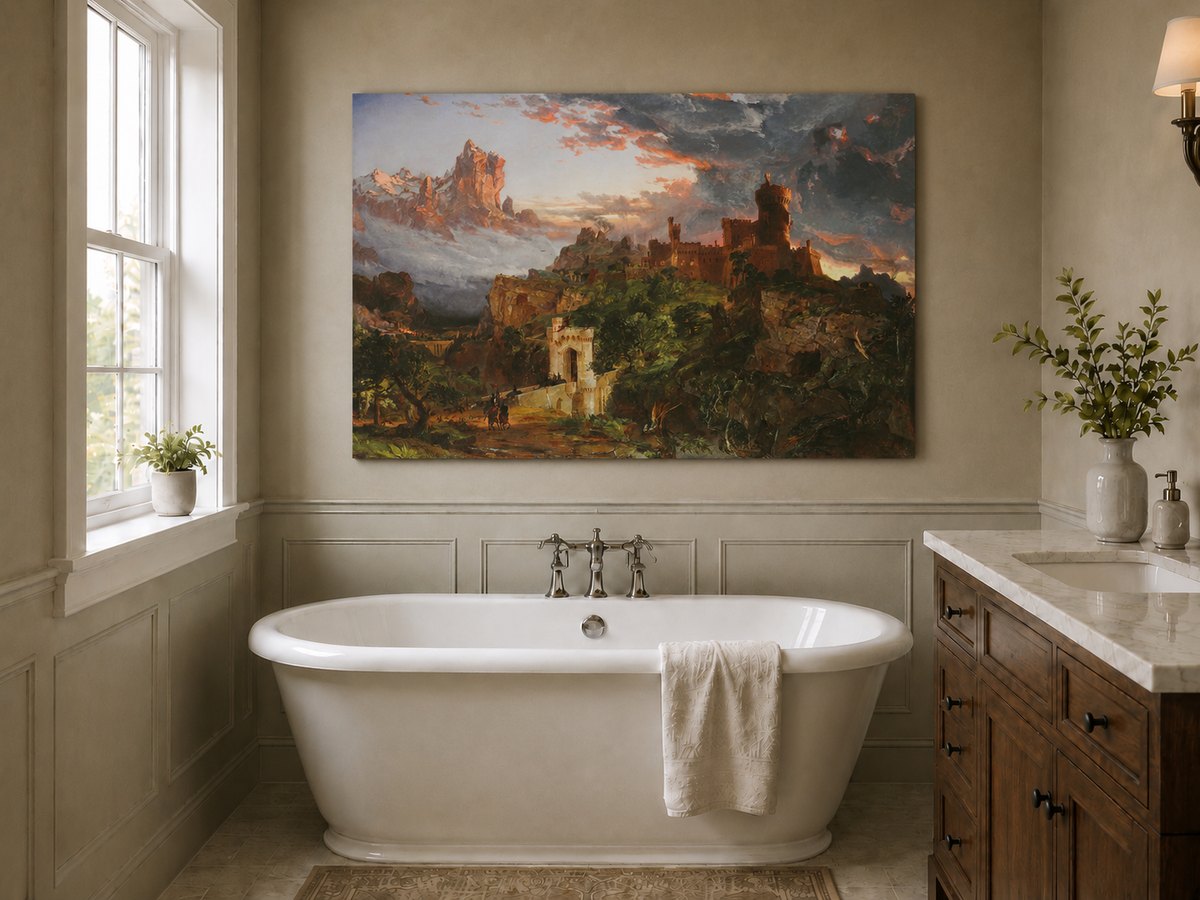 Peinture à l'huile de paysage - Village côtier avec phare et coucher de soleil