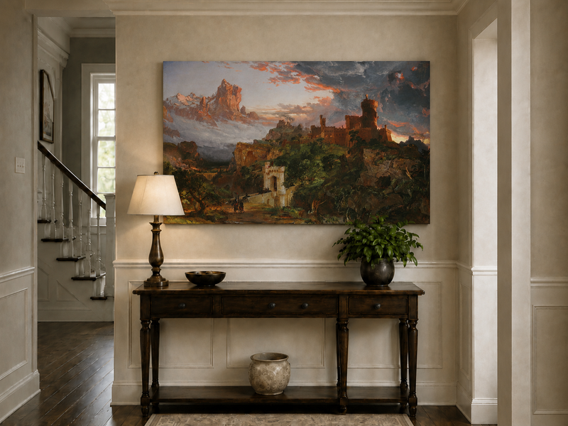 Peinture à l'huile de paysage - Village côtier avec phare et coucher de soleil