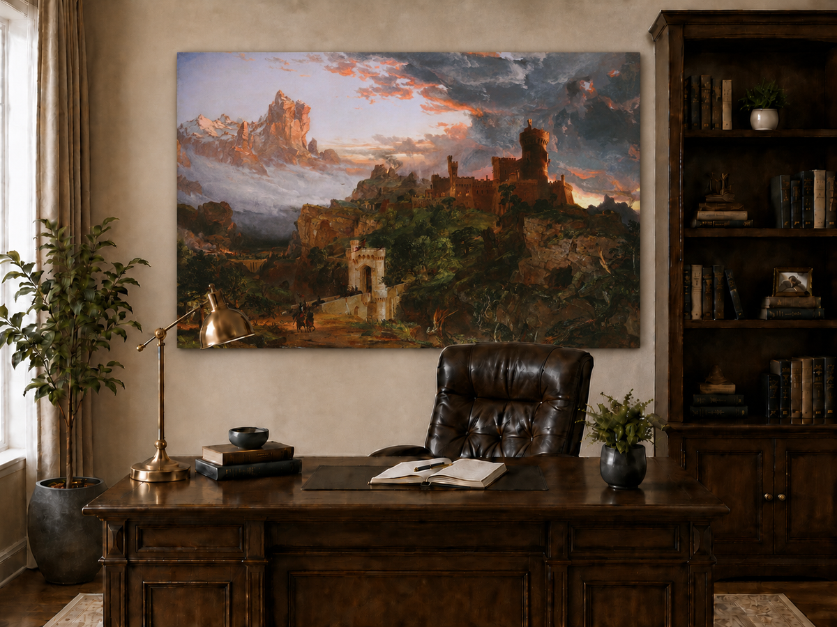 Peinture à l'huile de paysage - Village côtier avec phare et coucher de soleil