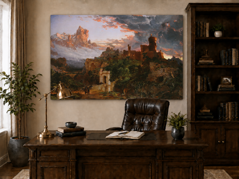 Peinture à l'huile de paysage - Village côtier avec phare et coucher de soleil