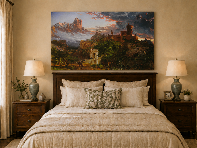 Peinture à l'huile de paysage - Village côtier avec phare et coucher de soleil