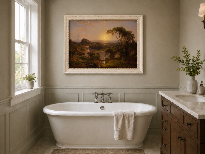 Peinture à l'huile de paysage - Vallée fluviale au coucher du soleil avec cascade
