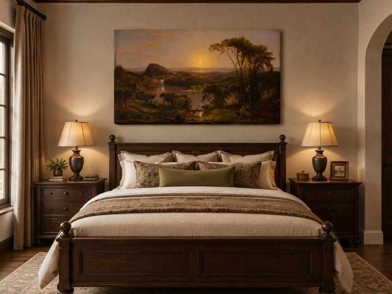 Peinture à l'huile de paysage - Vallée fluviale au coucher du soleil avec cascade