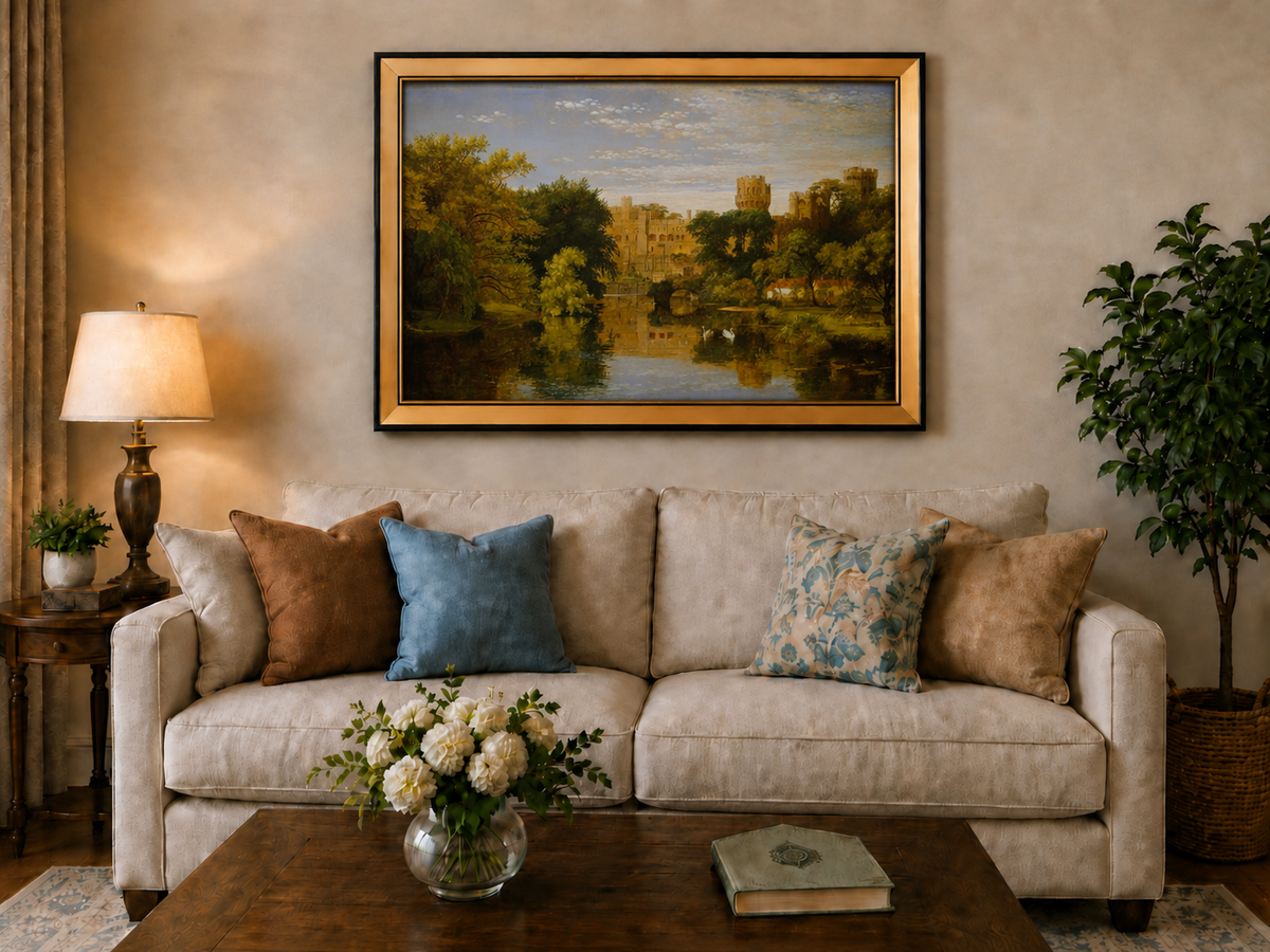 Landscape Oil Painting - Riverside Castle with Swans & Greenery