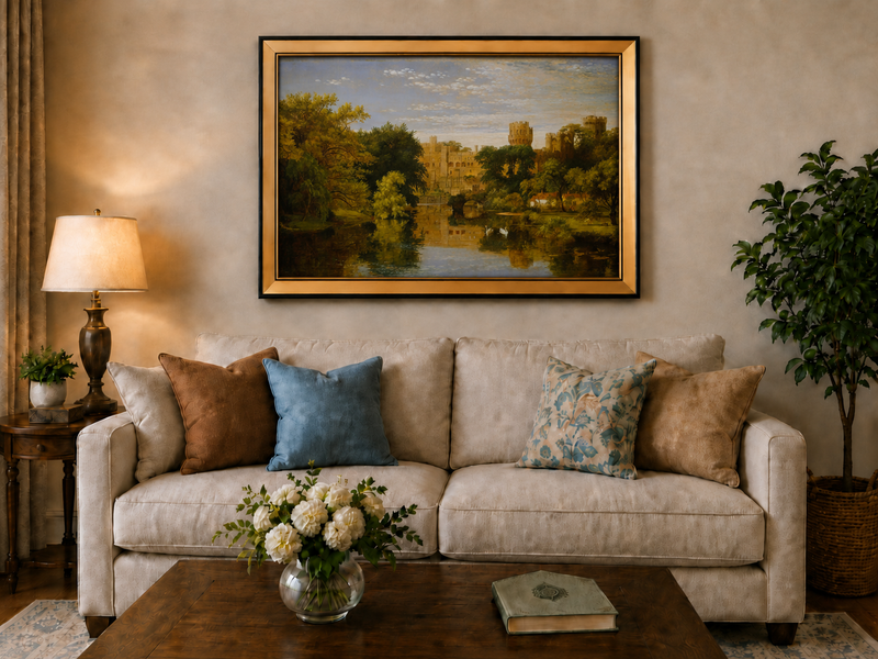 Landscape Oil Painting - Riverside Castle with Swans & Greenery