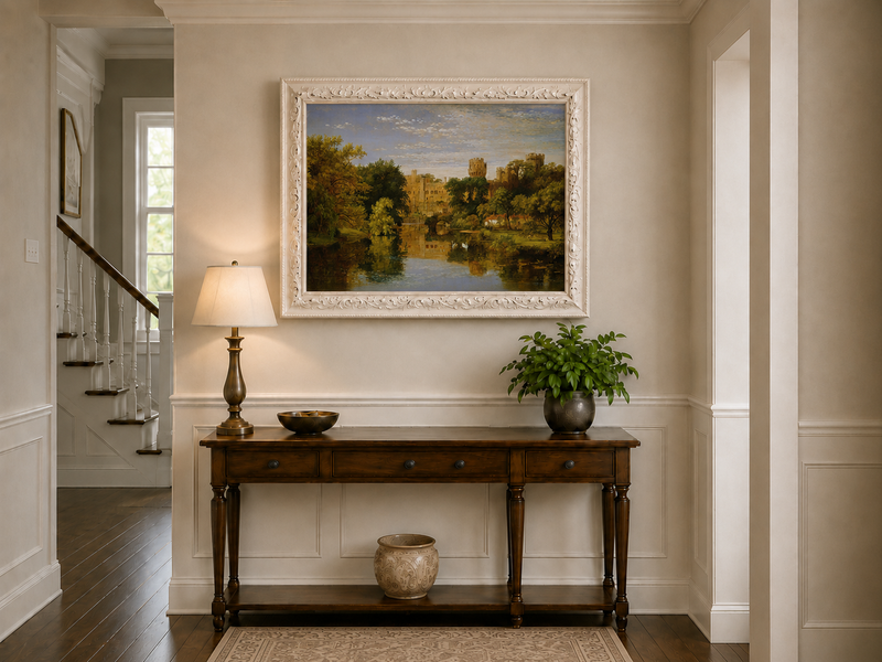 Landscape Oil Painting - Riverside Castle with Swans & Greenery