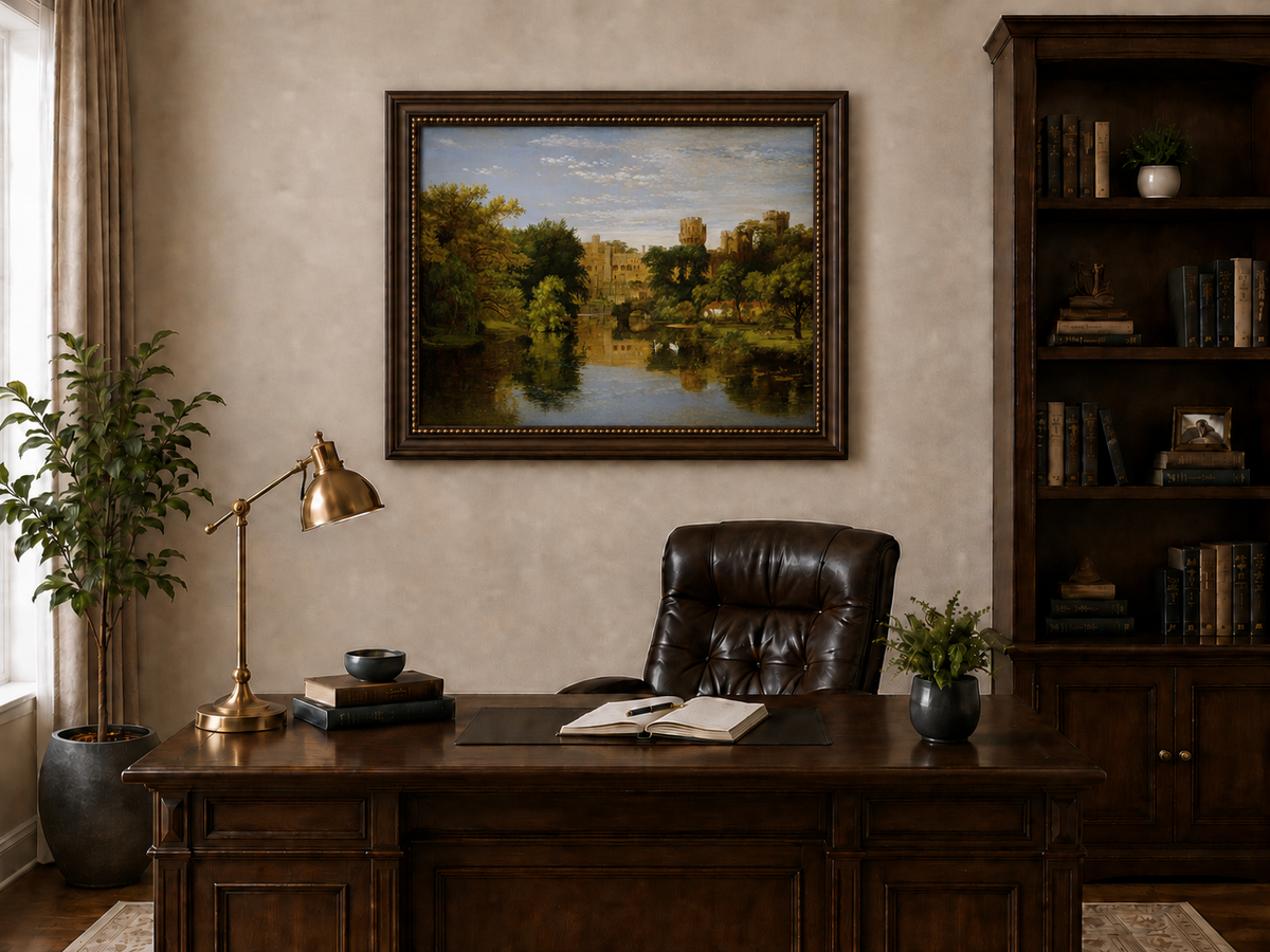 Landscape Oil Painting - Riverside Castle with Swans & Greenery