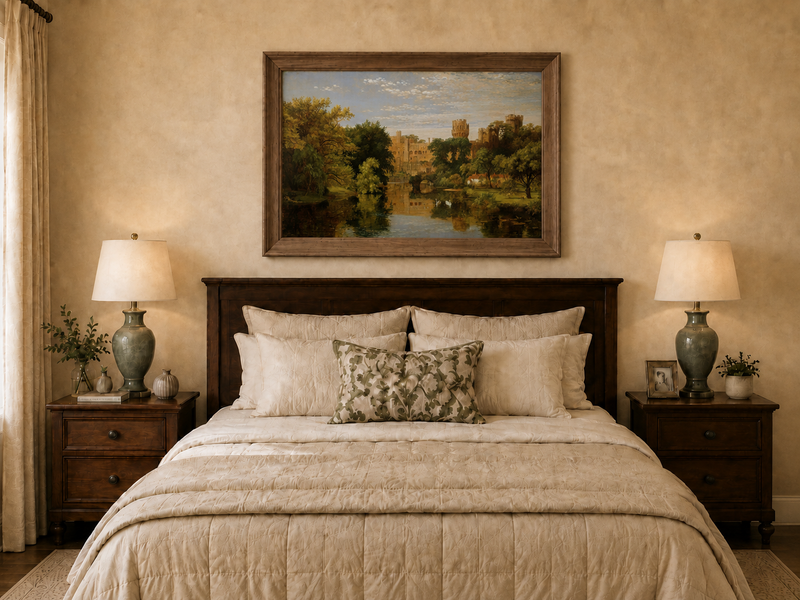 Landscape Oil Painting - Riverside Castle with Swans & Greenery
