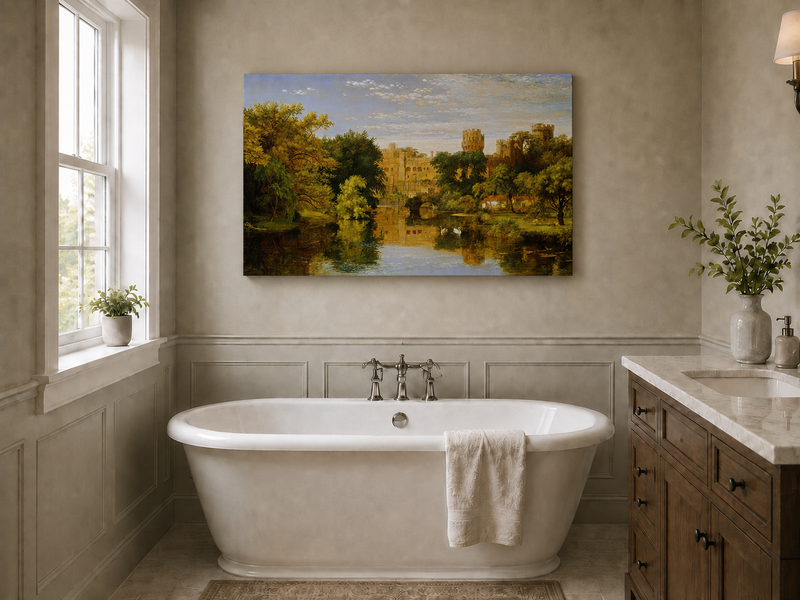 Landscape Oil Painting - Riverside Castle with Swans & Greenery