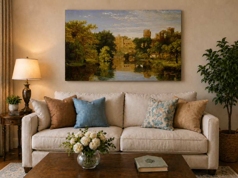 Landscape Oil Painting - Riverside Castle with Swans & Greenery