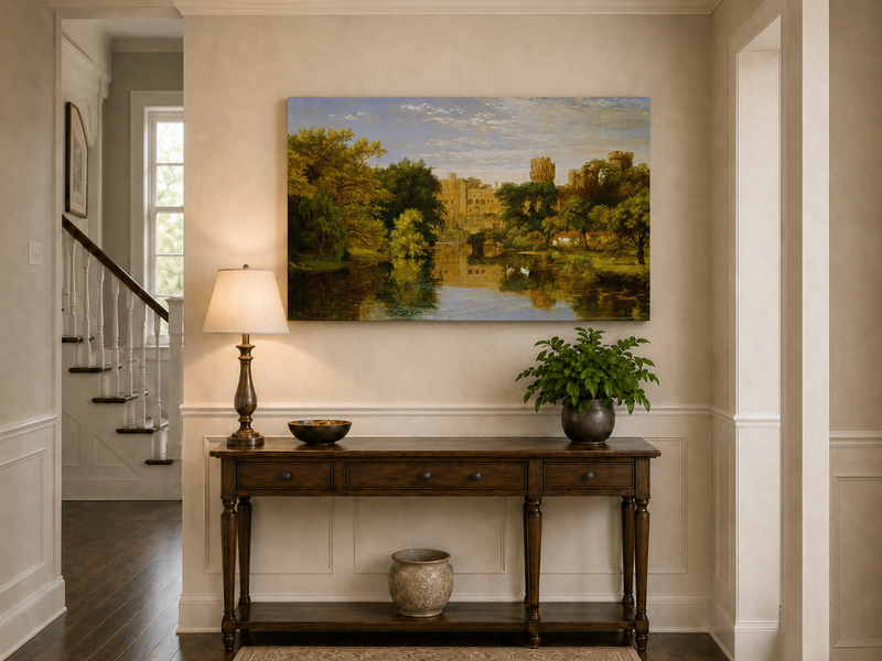 Landscape Oil Painting - Riverside Castle with Swans & Greenery