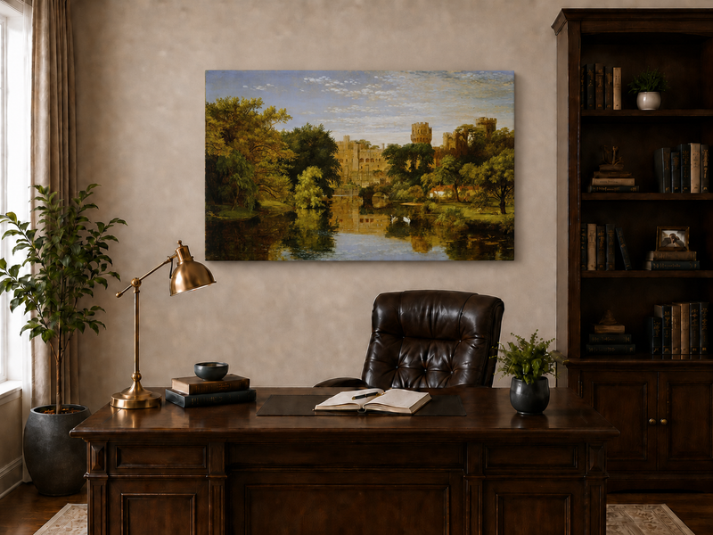 Landscape Oil Painting - Riverside Castle with Swans & Greenery