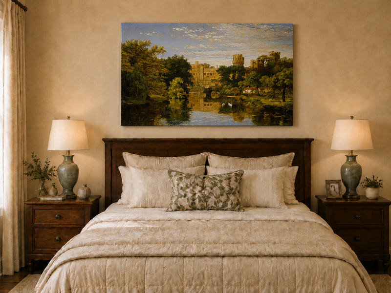 Landscape Oil Painting - Riverside Castle with Swans & Greenery