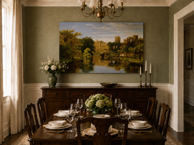 Landscape Oil Painting - Riverside Castle with Swans & Greenery