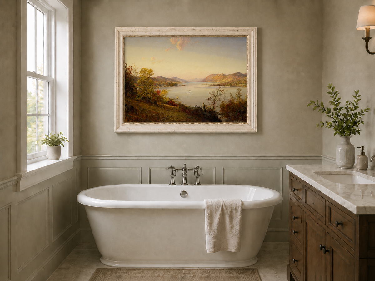 Landscape Oil Painting - Autumn River Valley Boats & Figures