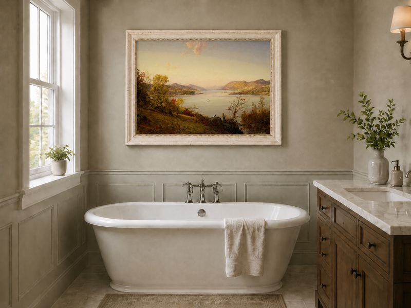 Landscape Oil Painting - Autumn River Valley Boats & Figures