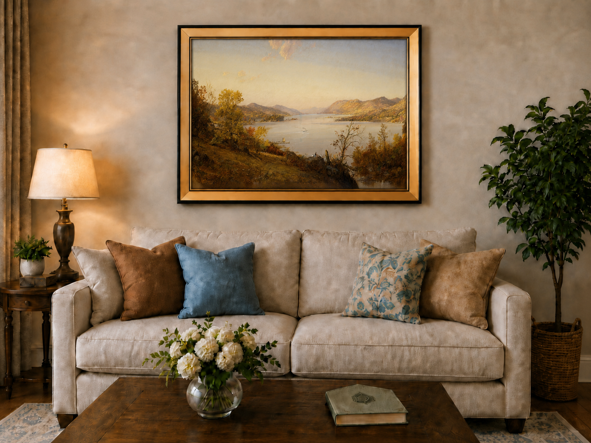 Landscape Oil Painting - Autumn River Valley Boats & Figures