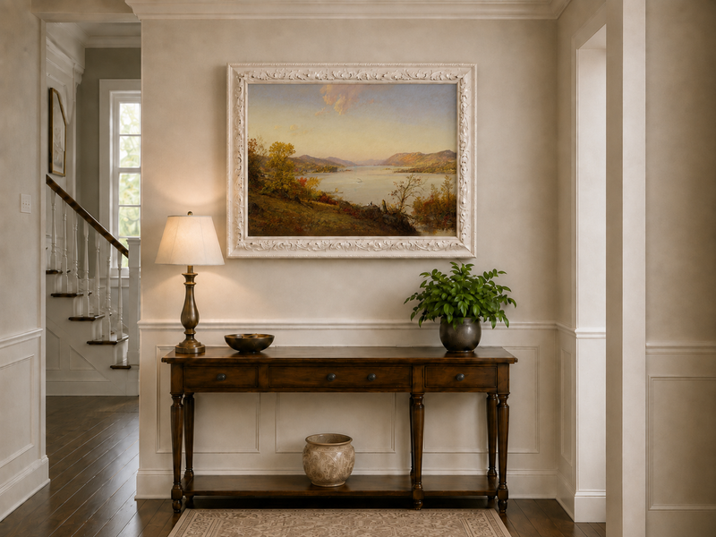 Landscape Oil Painting - Autumn River Valley Boats & Figures