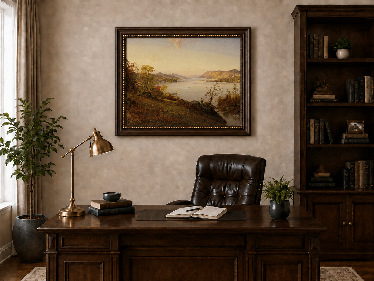 Landscape Oil Painting - Autumn River Valley Boats & Figures