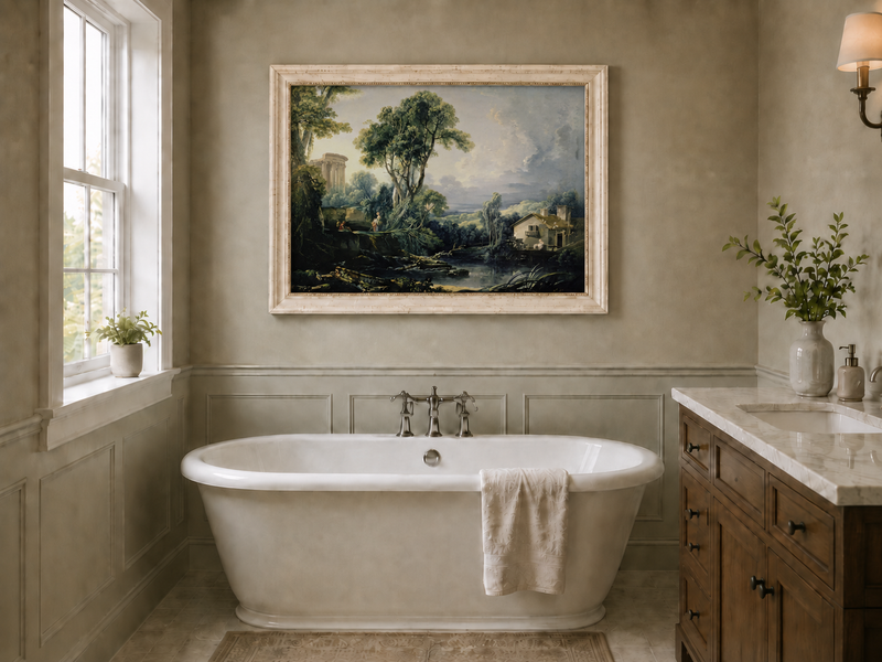 Landscape Oil Painting - Classical Ruins and River Cottage Scene