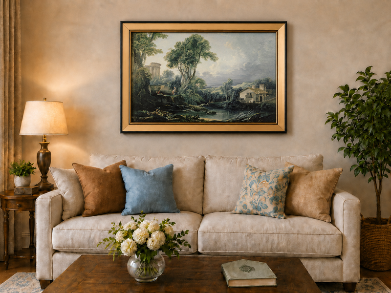Landscape Oil Painting - Classical Ruins and River Cottage Scene