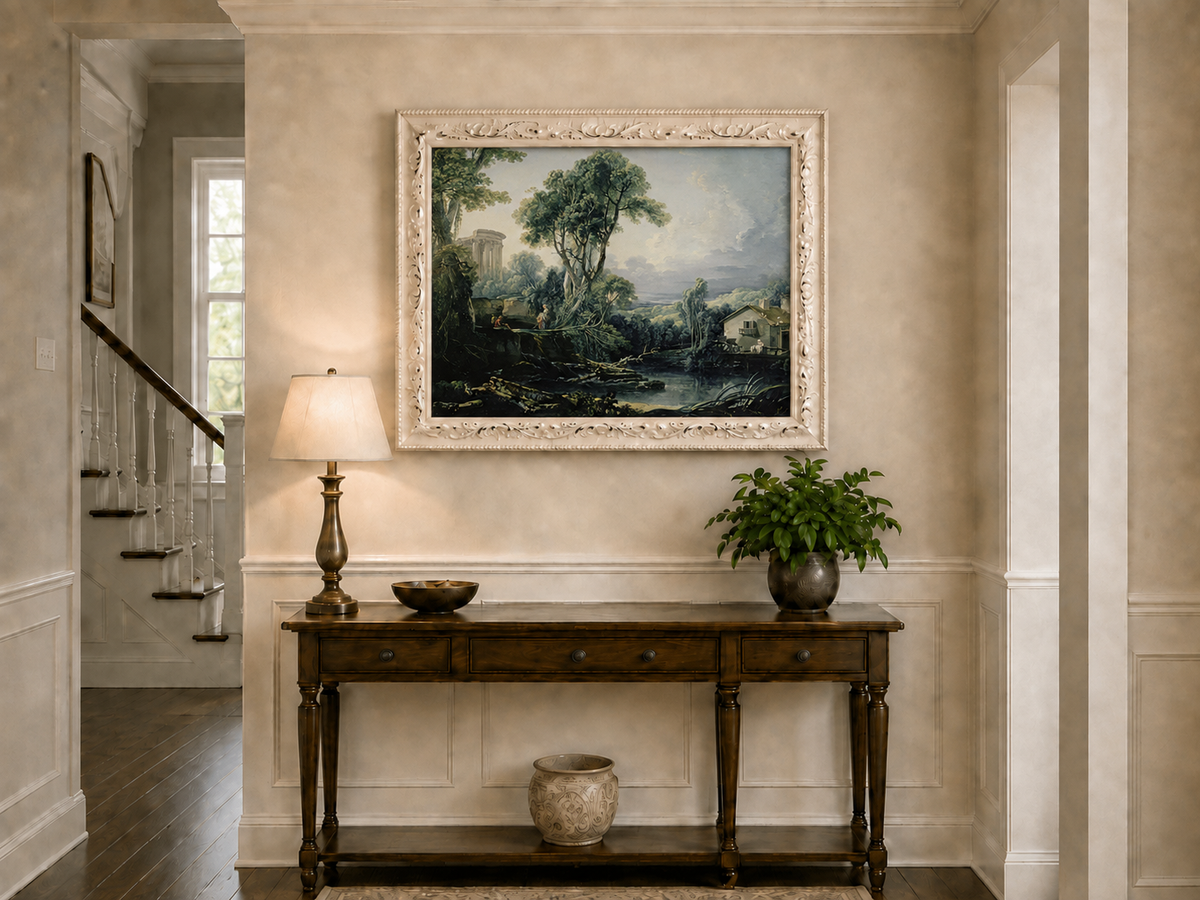 Landscape Oil Painting - Classical Ruins and River Cottage Scene