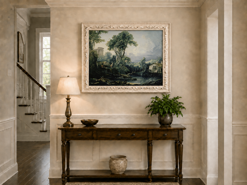 Landscape Oil Painting - Classical Ruins and River Cottage Scene