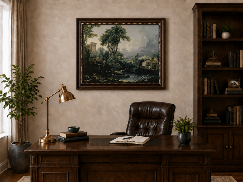 Landscape Oil Painting - Classical Ruins and River Cottage Scene