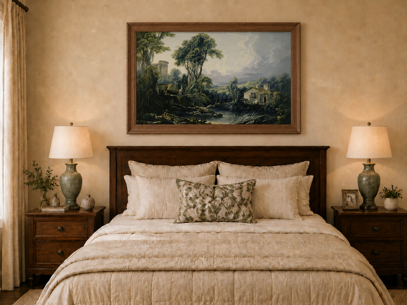 Landscape Oil Painting - Classical Ruins and River Cottage Scene