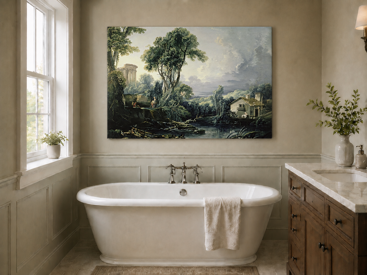 Landscape Oil Painting - Classical Ruins and River Cottage Scene