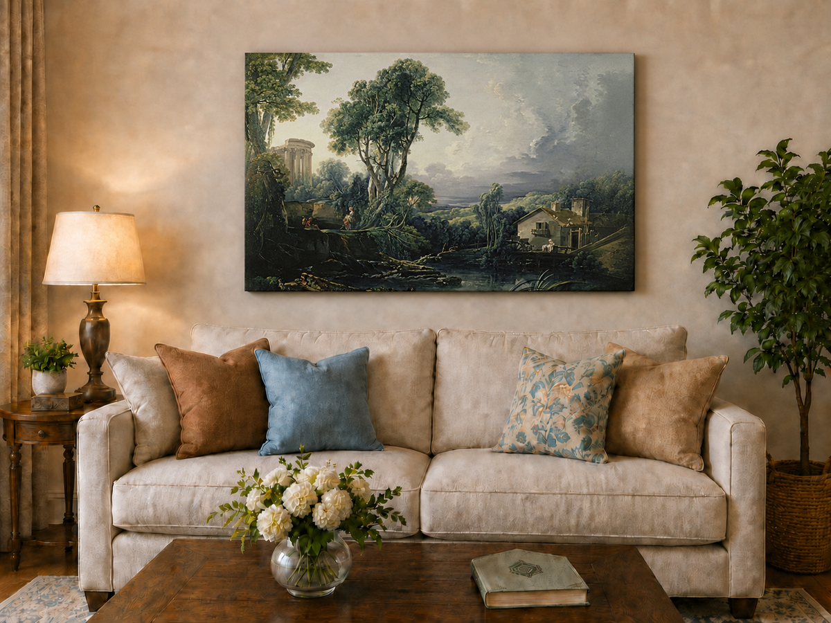 Landscape Oil Painting - Classical Ruins and River Cottage Scene