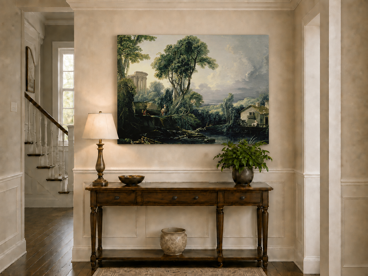 Landscape Oil Painting - Classical Ruins and River Cottage Scene