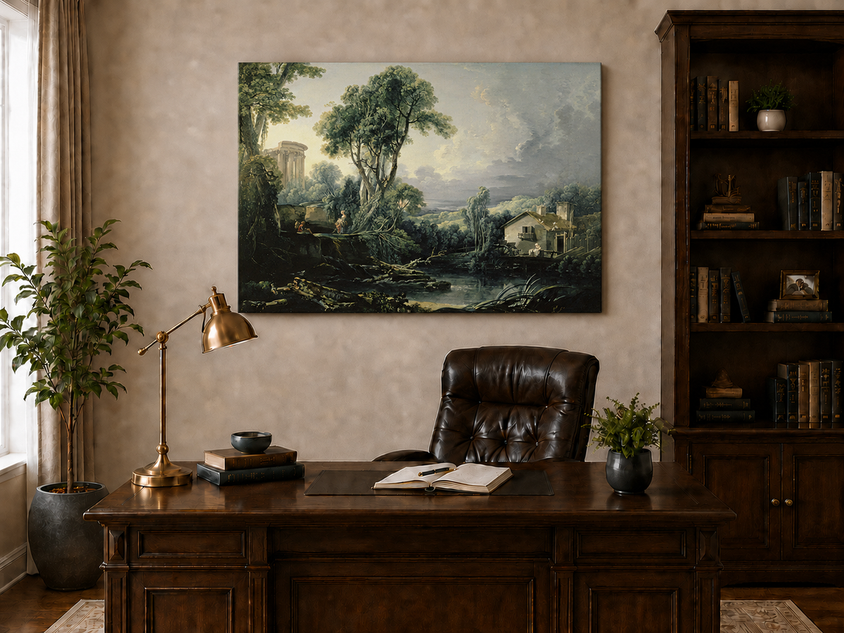 Landscape Oil Painting - Classical Ruins and River Cottage Scene